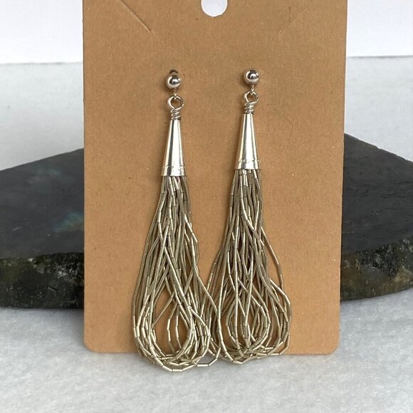 VTG Sterling Silver 925 Multi Strand Liquid Silver Tassel Fringe Dangle Earrings - Picture 1 of 16